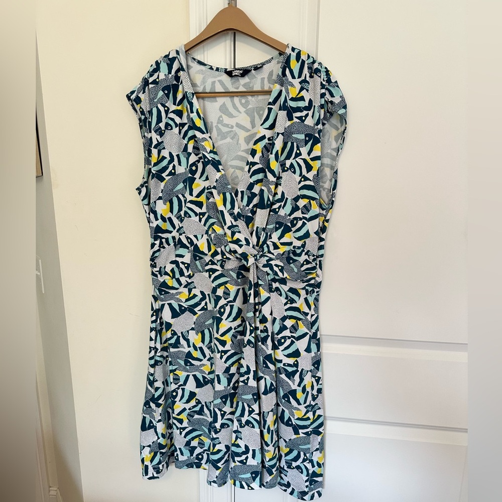 Lands' End Red Wrap Sundress Sleeveless V-Neck Plus 16W-18W Fish Print